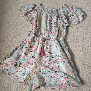 Japna Kids Size 12 Mint Floral Off-Shoulder Romper with Pink and Orange Blooms